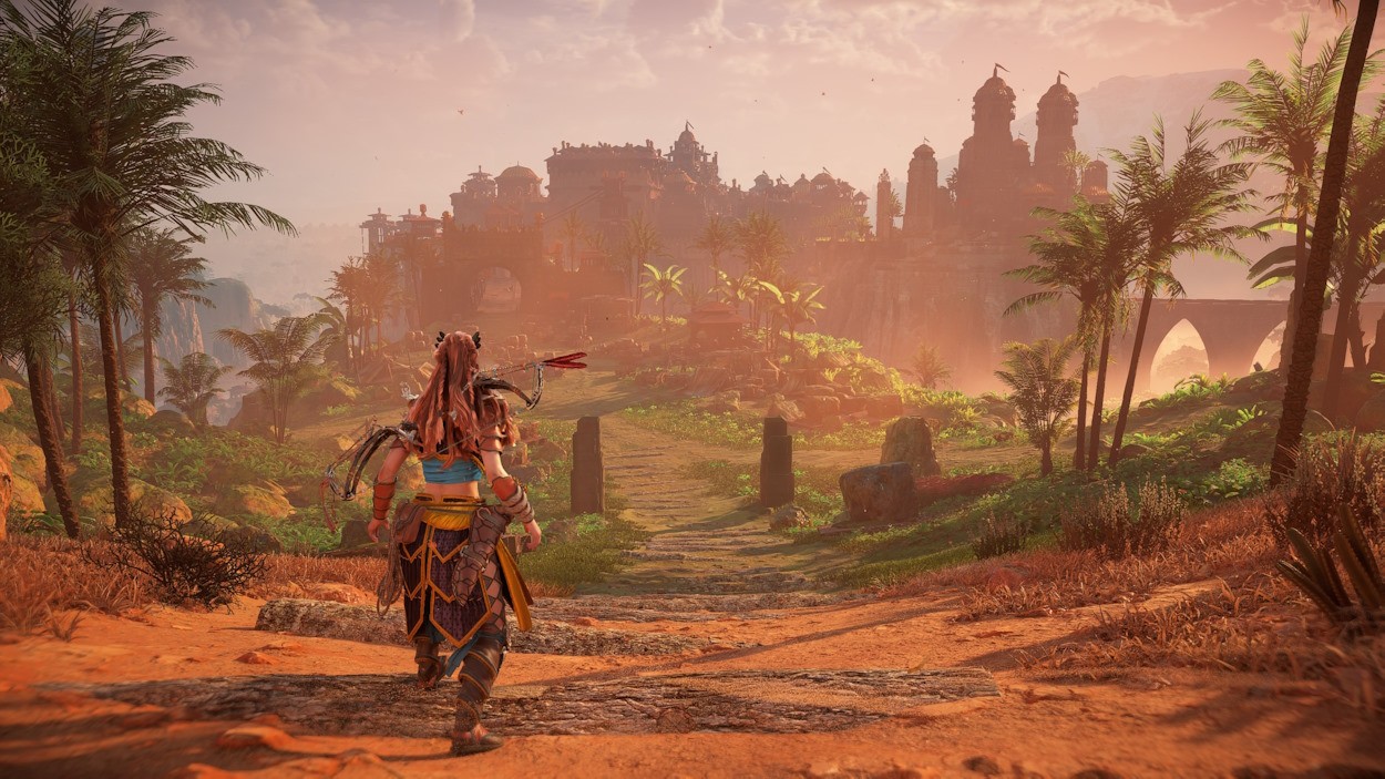 Aloy trong thành phố Meridian trong Horizon Zero Dawn Remastered Edition