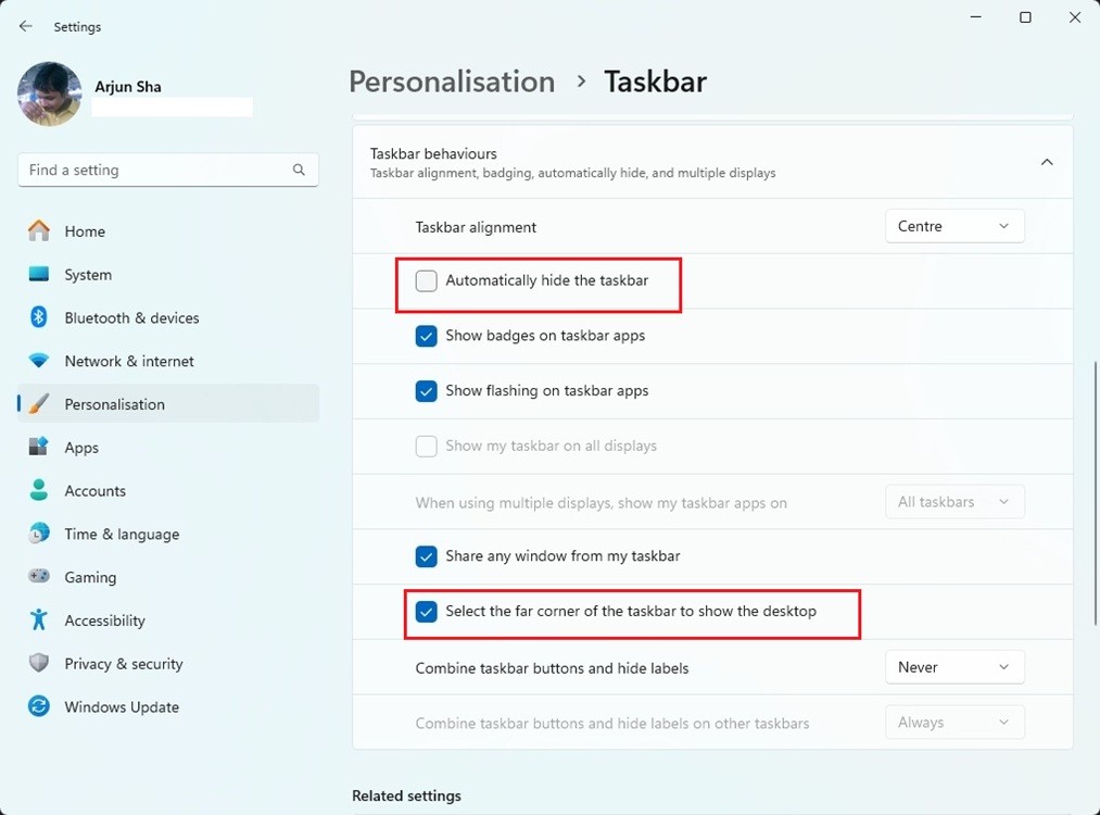 Ẩn cài đặt Taskbar trong Windows 11