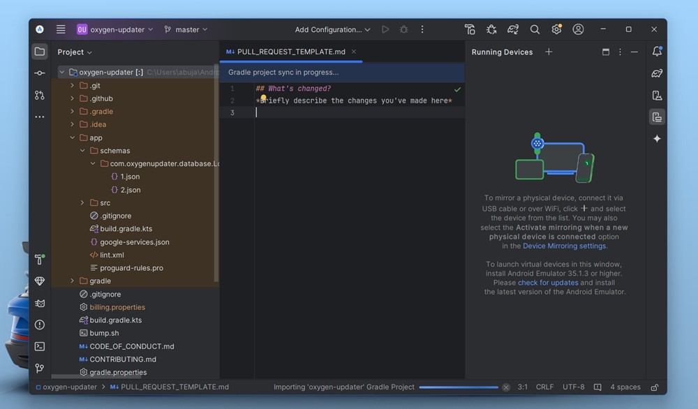 Android Studio với một dự án đang mở