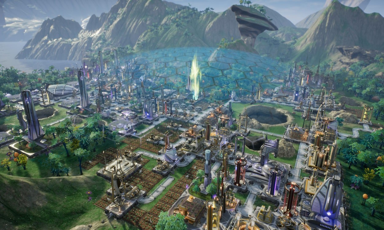 Ảnh chụp màn hình Aven Colony trên Xbox, thể hiện một thành phố tương lai được xây dựng trên một hành tinh ngoài trái đất với các sinh vật lạ.