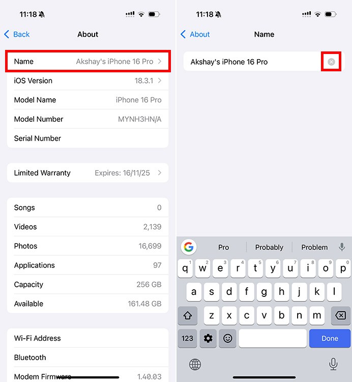 Ảnh chụp màn hình các bước thay đổi tên AirDrop trên iPhone