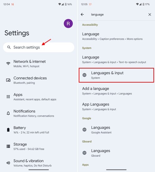 Ảnh chụp màn hình cài đặt ngôn ngữ trên Android