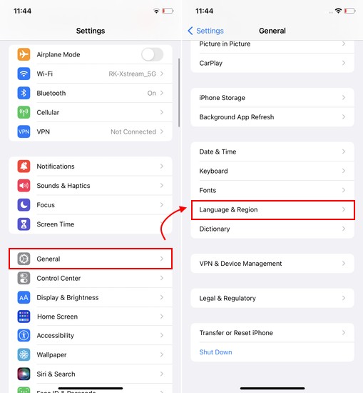 Ảnh chụp màn hình cài đặt ngôn ngữ và vùng trên iOS