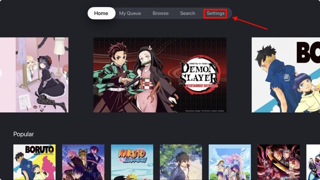 Ảnh chụp màn hình cài đặt trên ứng dụng Crunchyroll Apple TV