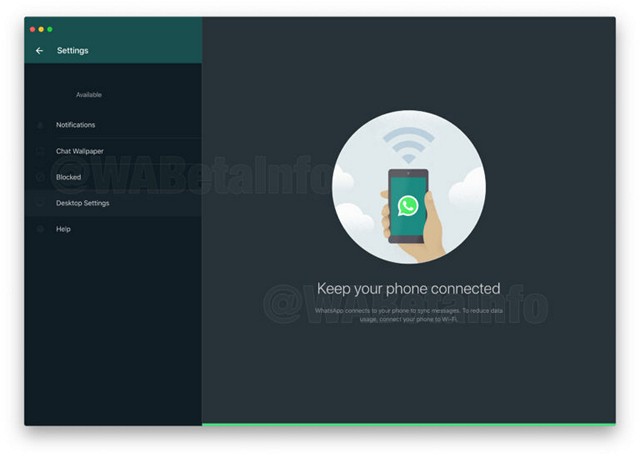 Ảnh chụp màn hình cài đặt trên WhatsApp Desktop với giao diện tối.