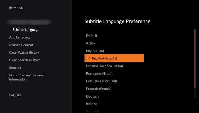 Ảnh chụp màn hình chọn ngôn ngữ Tây Ban Nha cho phụ đề trên Crunchyroll Android TV