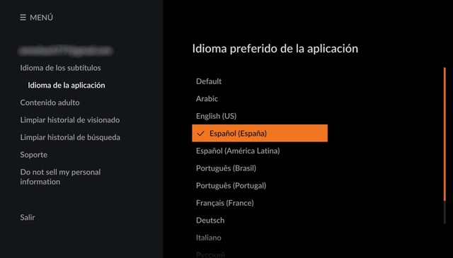 Ảnh chụp màn hình chọn ngôn ngữ Tây Ban Nha trên Crunchyroll Android TV