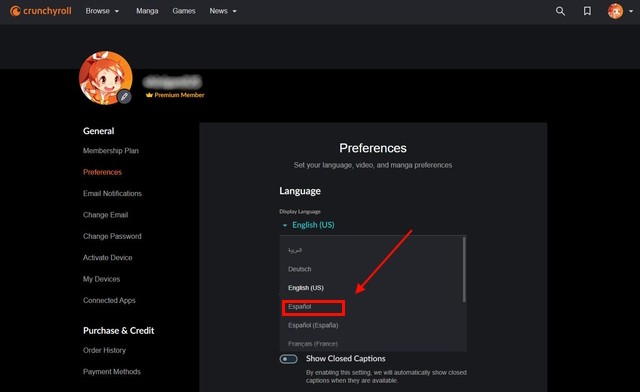 Ảnh chụp màn hình chọn ngôn ngữ Tây Ban Nha trên Crunchyroll