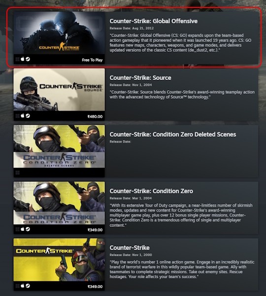 Ảnh chụp màn hình danh sách game Counter-Strike trên Steam, cho thấy CS:GO đã được thay thế bằng CS2