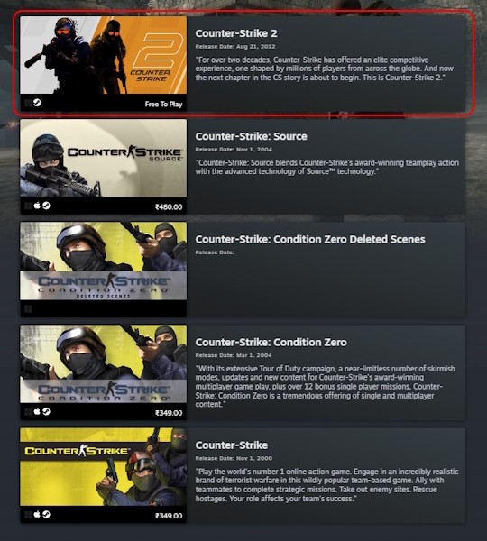 Ảnh chụp màn hình danh sách game Counter-Strike trên Steam, hiển thị CS2 là tựa game chính