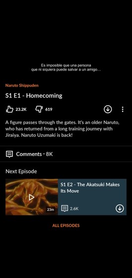 Ảnh chụp màn hình giao diện Crunchyroll trên điện thoại sau khi đổi ngôn ngữ phụ đề
