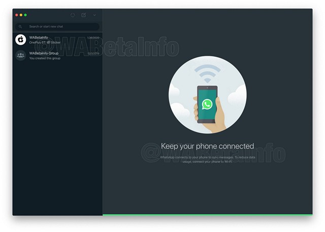 Ảnh chụp màn hình giao diện tối tổng thể trên WhatsApp Desktop.