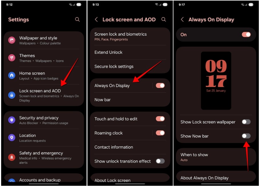 Ảnh chụp màn hình hiển thị quy trình tắt Now Bar One UI trên Màn hình luôn bật trên điện thoại Samsung