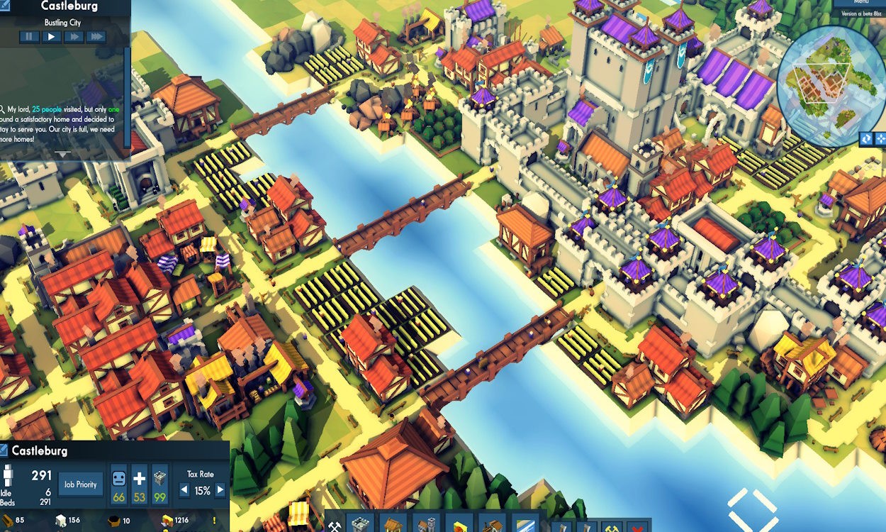 Ảnh chụp màn hình Kingdoms and Castles trên Xbox, thể hiện một vương quốc thời trung cổ với các lâu đài và thị trấn được xây dựng chiến lược.