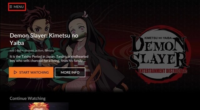 Ảnh chụp màn hình menu trên ứng dụng Crunchyroll Android TV