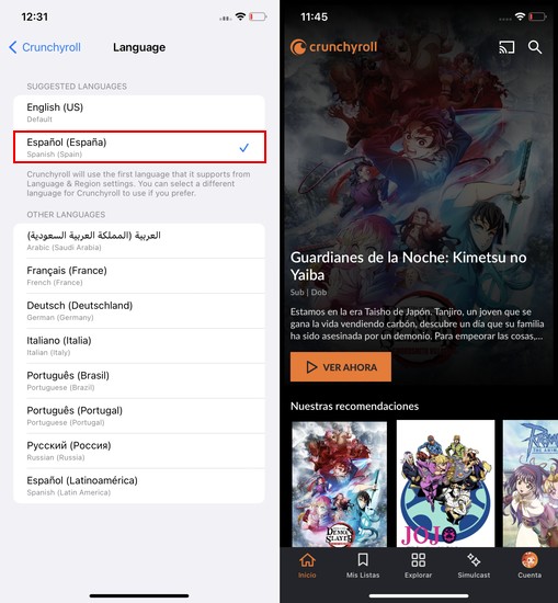 Ảnh chụp màn hình ngôn ngữ hiển thị Crunchyroll đã được thay đổi trên iOS