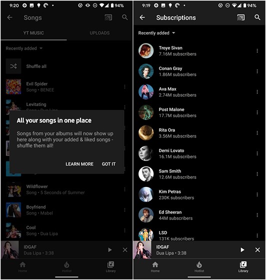 Ảnh chụp màn hình phần Songs được cập nhật trong YouTube Music