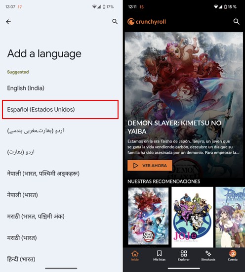 Ảnh chụp màn hình thay đổi ngôn ngữ hiển thị Crunchyroll trên Android