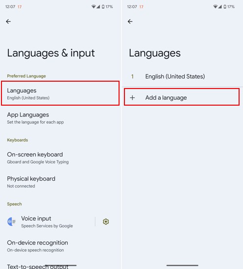Ảnh chụp màn hình thêm ngôn ngữ trên Android