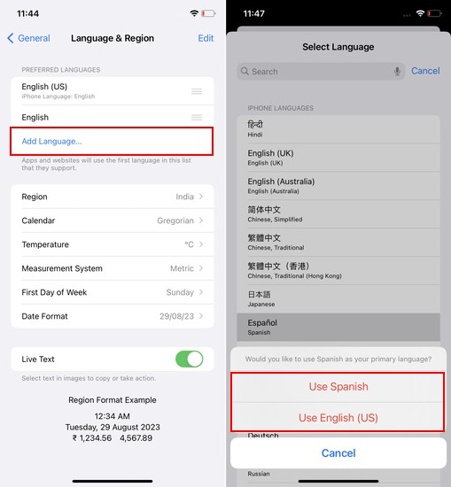 Ảnh chụp màn hình thêm ngôn ngữ trên iOS