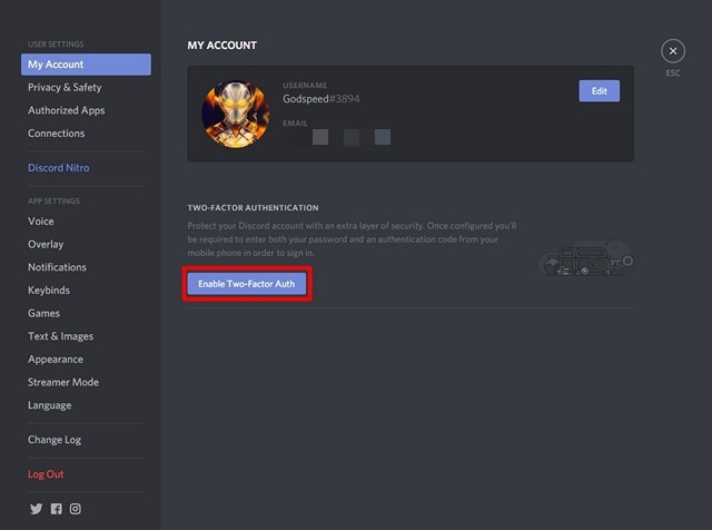Ảnh chụp màn hình tùy chọn bật xác thực hai yếu tố trong Discord