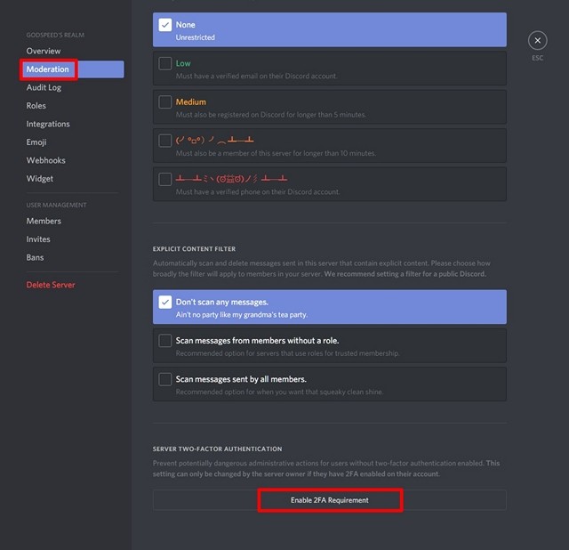 Ảnh chụp màn hình tùy chọn Enable 2FA Requirement trong cài đặt Moderation