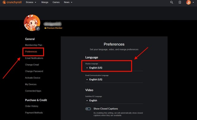 Ảnh chụp màn hình tùy chọn ngôn ngữ hiển thị trên Crunchyroll