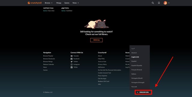 Ảnh chụp màn hình tùy chọn ngôn ngữ ở cuối trang chủ Crunchyroll