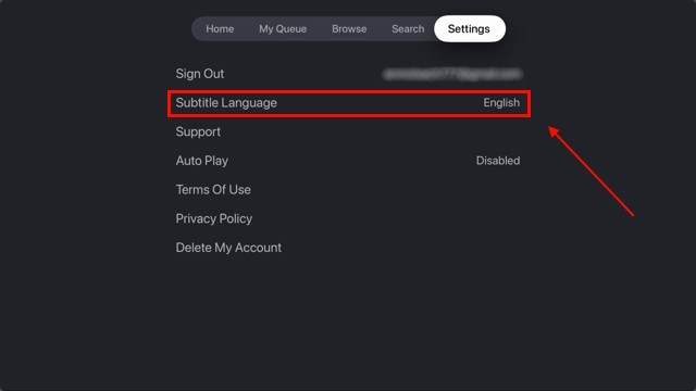 Ảnh chụp màn hình tùy chọn ngôn ngữ phụ đề trên Crunchyroll Apple TV