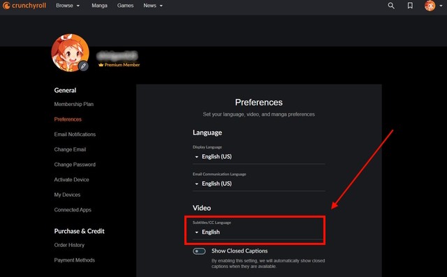 Ảnh chụp màn hình tùy chọn ngôn ngữ phụ đề trên Crunchyroll