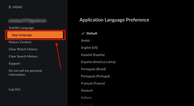 Ảnh chụp màn hình tùy chọn ngôn ngữ ứng dụng trên Crunchyroll Android TV