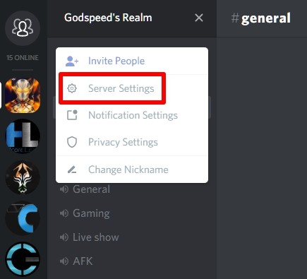 Ảnh chụp màn hình tùy chọn Server Settings trong Discord