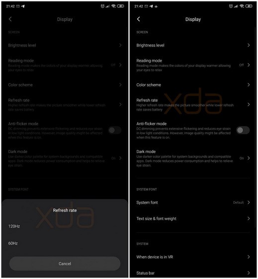 Ảnh chụp màn hình tùy chọn tần số quét 120Hz trên Xiaomi