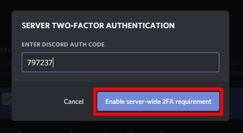 Ảnh chụp màn hình yêu cầu nhập mã xác thực để bật 2FA cho server