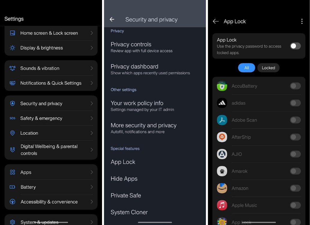 App lock tích hợp sẵn trong cài đặt OnePlus