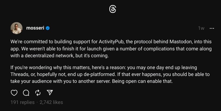 Bài đăng của Mosseri về ActivityPub và Fediverse
