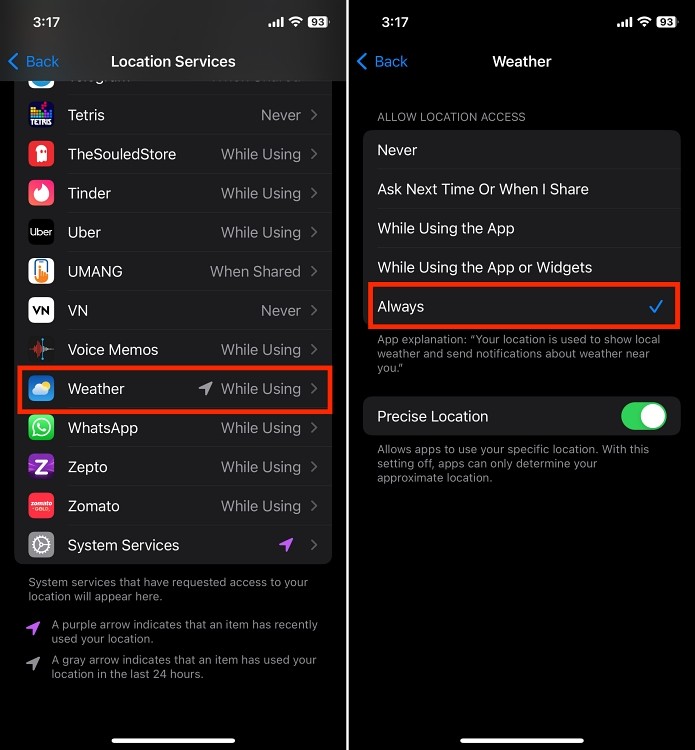 Bật dịch vụ định vị cho ứng dụng thời tiết trên iPhone