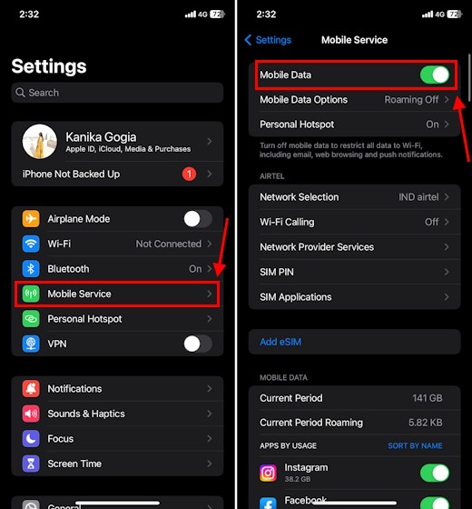 Bật Dữ Liệu Di Động trên iPhone