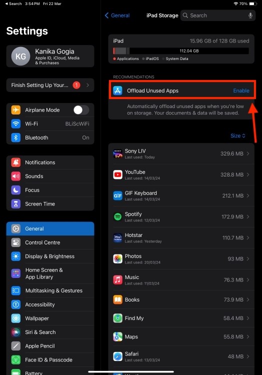 Bật Tải ứng dụng không sử dụng lên trên iPad
