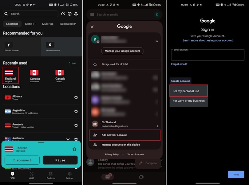 Bật VPN đến Thái Lan, sau đó nhấp vào thêm tài khoản khác trong gmail, sau đó tạo tài khoản để sử dụng cá nhân