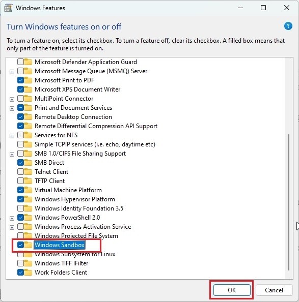 Bật Windows Sandbox từ cửa sổ tính năng tùy chọn