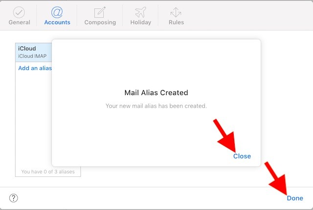 Bí danh email iCloud đã được tạo
