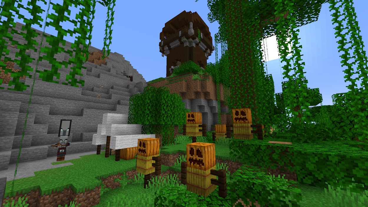 Bí ngô đã khắc được tạo tự nhiên bên ngoài tiền đồn Pillager trong Minecraft