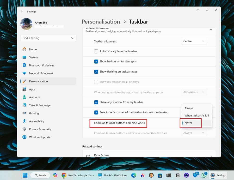 Bỏ nhóm các biểu tượng trên Taskbar Windows 11