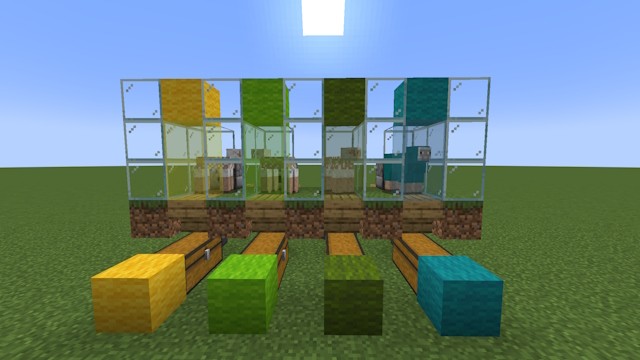 Bốn mô-đun của một farm len trong Minecraft cạnh nhau