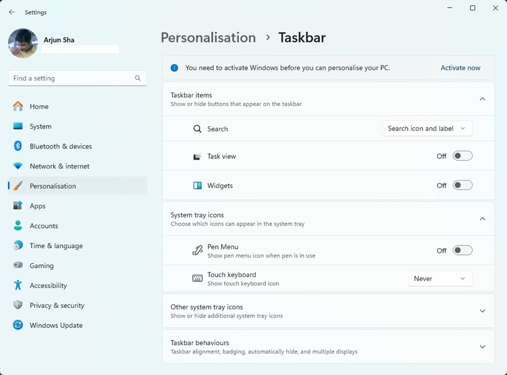Cá nhân hóa các mục và menu trên Taskbar trong cài đặt Windows 11