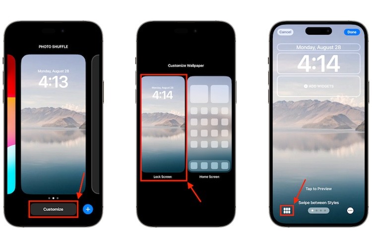 Các bước để truy cập album xáo trộn ảnh từ màn hình khóa trên iPhone