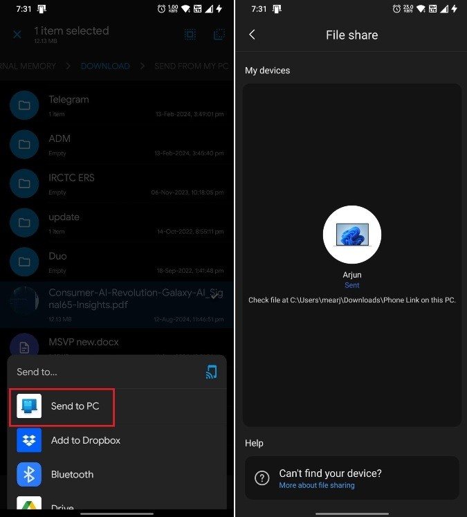 Các tệp được gửi đến Windows từ Android bằng Phone Link