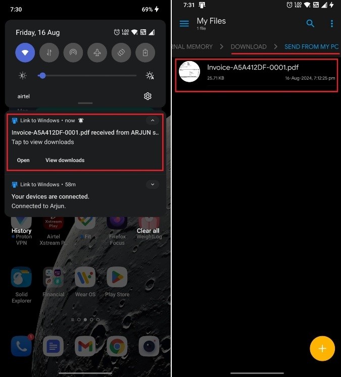 Các tệp nhận được trên Android qua Phone Link