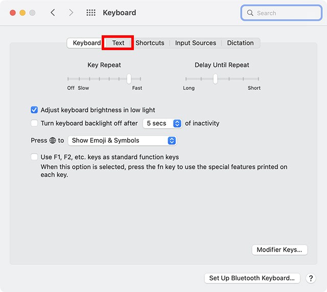 Các tùy chọn trong cài đặt Bàn phím macOS